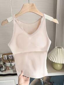 SHEIN Franclia Women's Elegant Versatile Mesh Lace Patchwork Backless Slim Fit T-Shirt, Summer Women Vest Top Simple Tops Basic Women Tops - Apricot - View 3