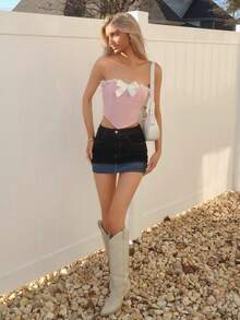 Sydney Algeri 浪漫粉色紧身胸衣约会夜上衣蝴蝶结前褶饰边头巾下摆短款抹胸上衣 - 淺粉色 - 查看 4