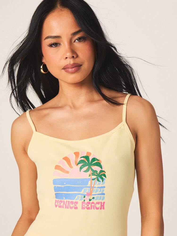 MISSGUIDED Women Sleeveless Tank Top And Striped Shorts Pajama Set With Venice Beach Graphic Print Summer Loungewear Nightwear Two Piece Sleepwear