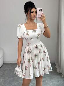 Elenzga Women's Floral Print Square Neck Petal Sleeve Pleated Hem Fashion Dress - Apricot - View 3