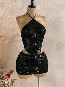 Soleia 女士度假沙滩亮片露背吊带上衣和迷你裙两件套 - 黑色 - 查看 6