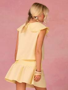 Athîral Women's Casual Vacation Yellow Peter Pan Collar Top And Skirt 2-Piece Set, Spring/Summer Outfit, Cute 2-Piece Set, Date/Party Outfit, Outdoor Outfit, Party Outfit, Holiday/Vacation Outfit, Casual 2-Piece Set - Light Yellow - View 2