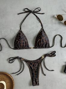 Swim Vcay 女士热带豹纹性感两件式比基尼套装，配金属配饰，休闲度假装 - 彩色 - 查看 2