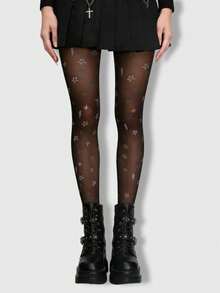 ROMWE Kawaii 1pc Women's Black Star And Floral Patterned Sexy Tights/Pantyhose/Leggings - Multicolor - View 3