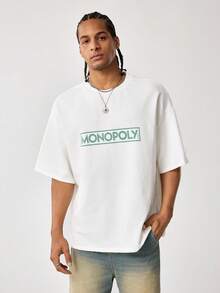 MONOPOLY X SHEIN Men's Round Neck Letter Print Casual Versatile Daily Wear Short Sleeve T-Shirt - White - View 2