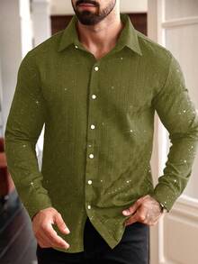 Manfinity AFTRDRK Men's Solid Color Front Button Casual Long Sleeve Shirt - Army Green - View 3