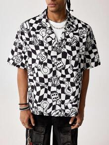 MONOPOLY X SHEIN Men's Checkerboard Short Sleeve Single-Breasted Casual Shirt, MONOPOLY - Black and White - View 5