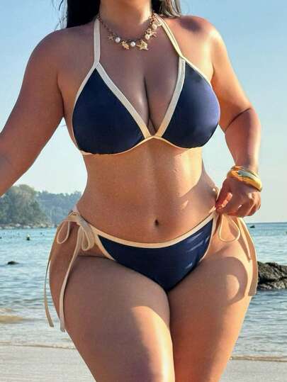 Swim SXY 大码女士两件式比基尼套装，撞色滚边细肩带，常规款四季泳装，侧系带泳裤，夏季泳装