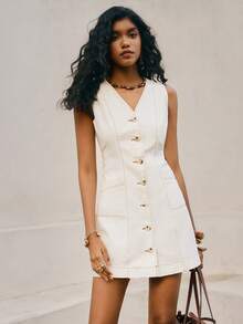 Poéselle Women's V-Neck Single-Breasted Dual Pocket Casual Sleeveless Denim Dress - White - View 6