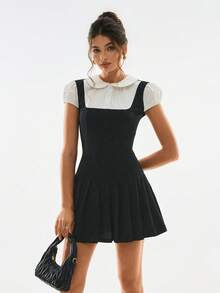 Poéselle Women's Cute Mini Dress With Peter Pan Collar And Puff Sleeves, 2 In 1 - Black and White - View 7