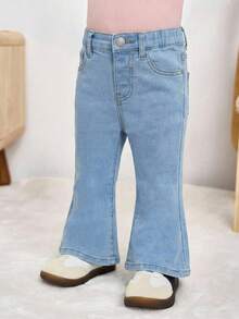 SHEIN 女婴黑色牛仔弹力修身喇叭裤 - 淺色水洗藍 - 查看 5