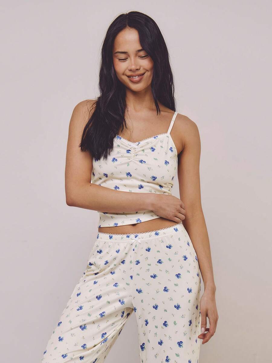 Athîral Women's Casual Blueberry Pattern 2 Pieces Pajama Set, Camisole Top And Long Pants - Multicolor - View 1