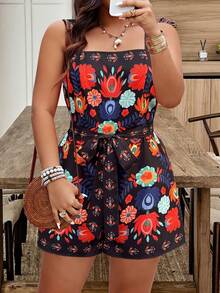Weeklong Plus Size Summer Vacation Random Floral Print Jumpsuit - Multicolor - View 1