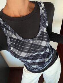 DAZY 两件套女士格子修身吊带背心和长袖T恤休闲度假夏季套装 - 灰色 - 查看 1