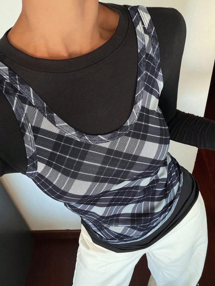 2pcs/Set Women Plaid Fitted Camisole And Long Sleeve T-Shirt Casual Vacation Summer Outfit Y2k