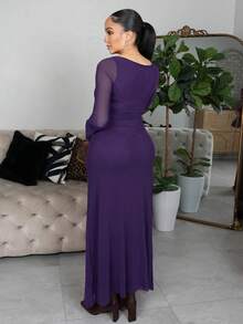 Melissa Matos 女士纯色圆领长袖扭腰超长优雅连衣裙，春夏长款晚礼服 - 紫色 - 查看 2