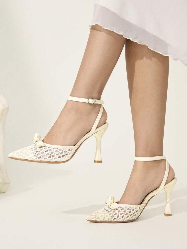 CUCCOO CHICEST Women's Fashion Mesh Pearl Decor Casual High Heel Pumps, Suitable For Summer/Summer Wedding Shoes Summer Shoes Bride Shoes