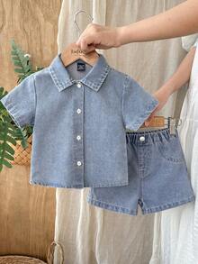 Vintaside Kids 女婴牛仔休闲宽松短袖衬衫搭配弹力腰牛仔短裤套装，轻盈柔软的棉质牛仔面料，春夏时尚必备单品，适合日常穿着、外出、聚会等场合，全新夏季系列 - 淺色水洗藍 - 查看 4