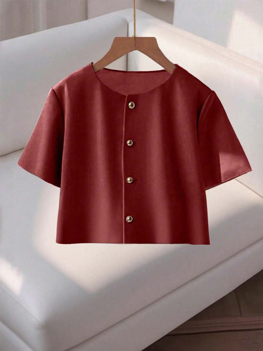 SHEIN LUNE 时尚圆领短袖纽扣女式衬衫 - 鏽棕色 - 查看 1