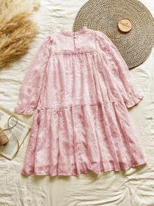 Vintaside Kids Vestido de manga larga con capas de tul para niñas, color albaricoque, silueta ajustada, adecuado para salidas, sesiones de fotos, actividades en el campus, reuniones en el hogar, apariencia elegante - Rosa - Ver 3