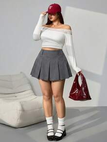 SHEIN EZwear 加大码黑白条纹迷你百褶裙，休闲百搭，适合返校季、春秋季穿着。 - 灰色 - 查看 6