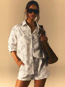 Athîral Women's Casual Vacation Paisley Printed Long Sleeved Shirt And Shorts 2-Piece Set, Spring And Summer Wear, Women's Casual Set, Date Party Set, Daily Set Wear, Holiday Wear, - Multicolor - View 7