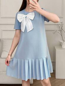 SHEIN Teen Girls Bowknot Round Neck Short Sleeve Pleated Dress - Blue and White - View 1