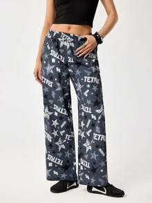 Tetris™ X SHEIN Women's Letter & Star Print Elastic Waist Wide Leg Loose Casual Pants - Grey - View 3