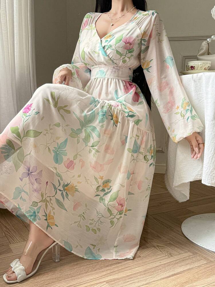 Women's V-Neck Waist Cinched Long Sleeve Floral Print Elegant Dress, Vacation Style Dress Sundress Boho