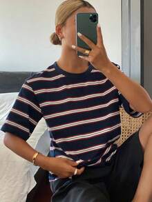 DAZY Women's Striped Crew Neck Casual Versatile Daily Wear Short Sleeve T-Shirt Summer - Navy Blue - View 3