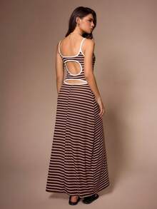 SHEIN 女士休闲条纹露背连衣裙，适合居家穿着或外穿 - 咖啡棕 - 查看 1
