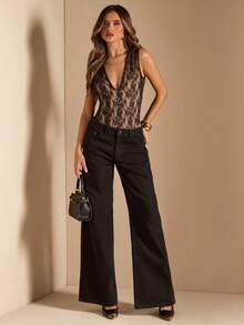 SHEIN BAE 女士黑色蕾丝深V性感无袖连体衣 - 黑色 - 查看 4