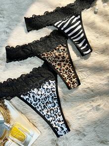 SHEIN 3pcs/Set Lace Patchwork Leopard Print Sexy Thong Panties - Multicolor - View 3