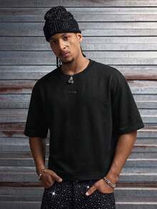 AXEPEAK 男士休闲宽松短袖T恤，白色，带印花水钻手工标签，夏季 - 黑色 - 查看 6