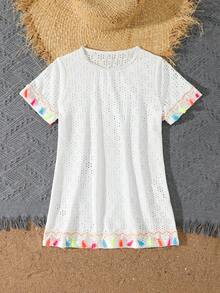 SHEIN 少女泳衣罩衫，优雅白色镂空蕾丝流苏连体泳衣罩衫，时尚休闲又不失精致淑女气质，适合游泳、夏季度假、海滩、泳池、节日派对等场合。 - 白色 - 查看 3