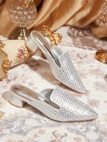 CUCCOO TILAWA Women's Square Toe Silver Rhinestone Decor Plaid Open Toe Low Heel Versatile Fashion Date Night High Heel Sandals - Silver - View 2