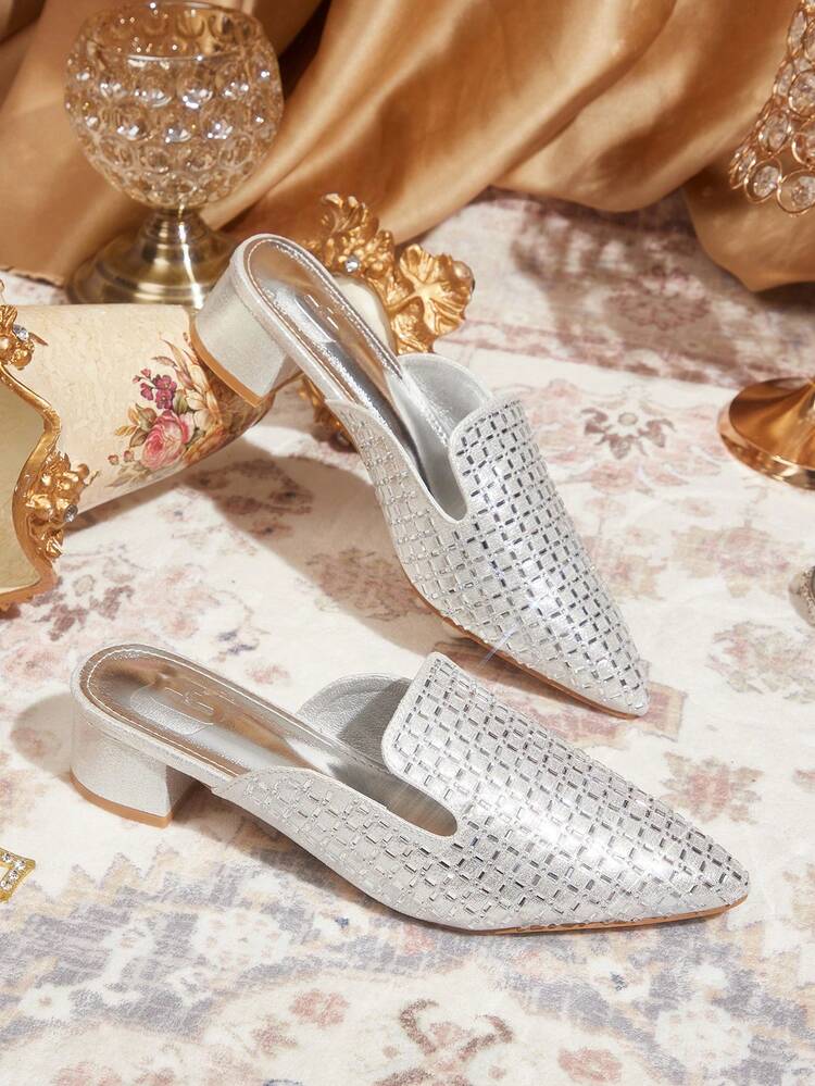 CUCCOO TILAWA Women's Square Toe Silver Rhinestone Decor Plaid Open Toe Low Heel Versatile Fashion Date Night High Heel Sandals