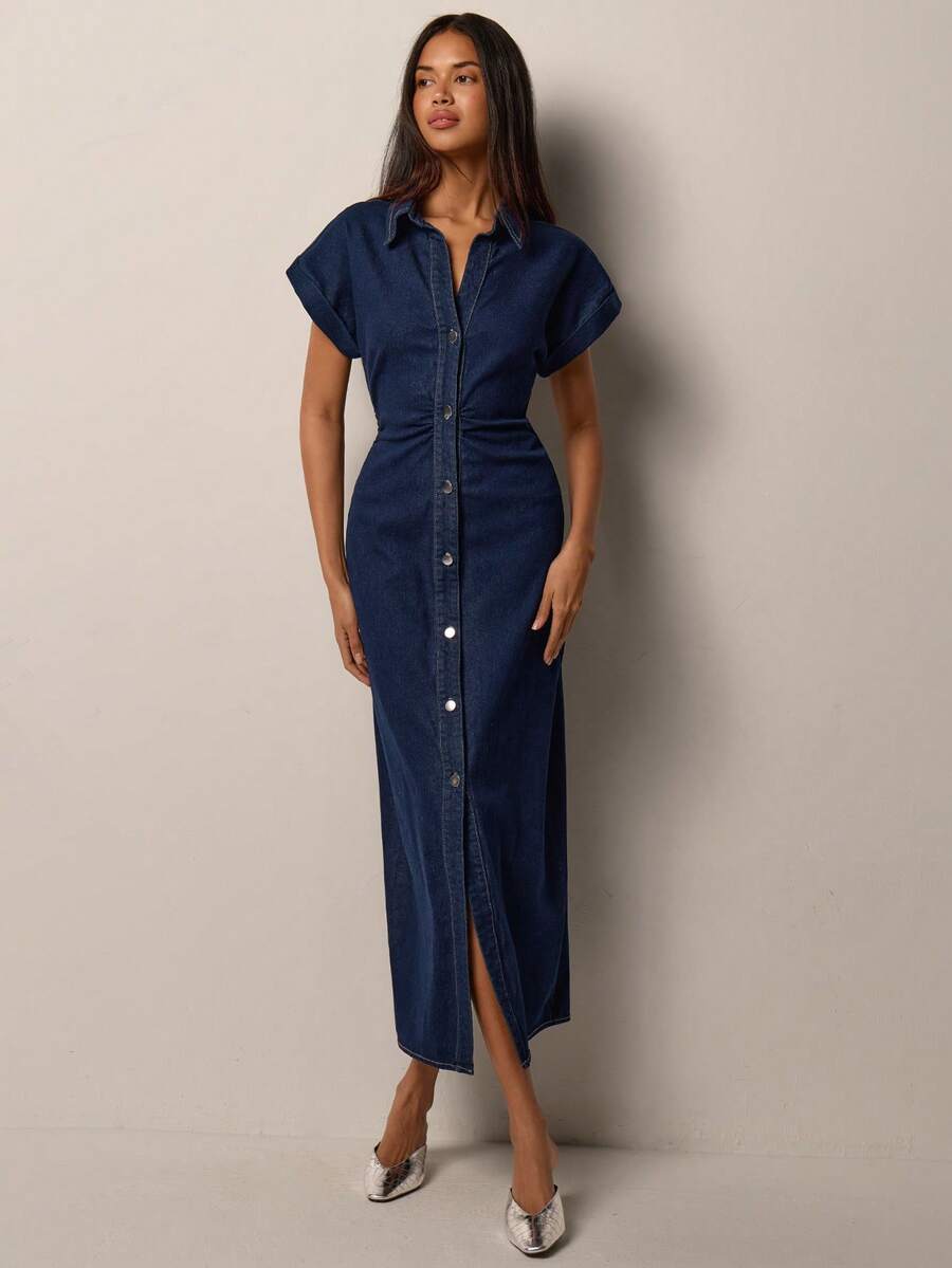 COSMINA Women's Denim Short Sleeve Roll-Up Sleeve Shirt Dress, Waist Cinched Mid-Length Casual Elegant Commuter Denim Dress - Navy Blue - View 1