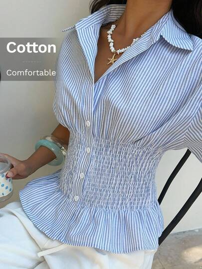 SHEIN EZwear Summer Blue Striped Fitted Woven Shirt For Women