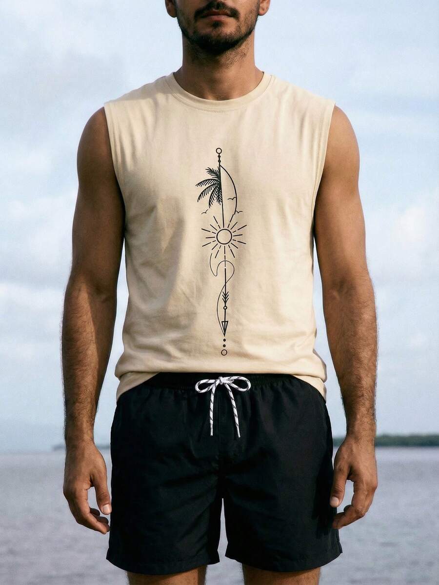 Manfinity Homme 男士休闲太阳印花无袖背心，夏季 - 卡其色 - 查看 1