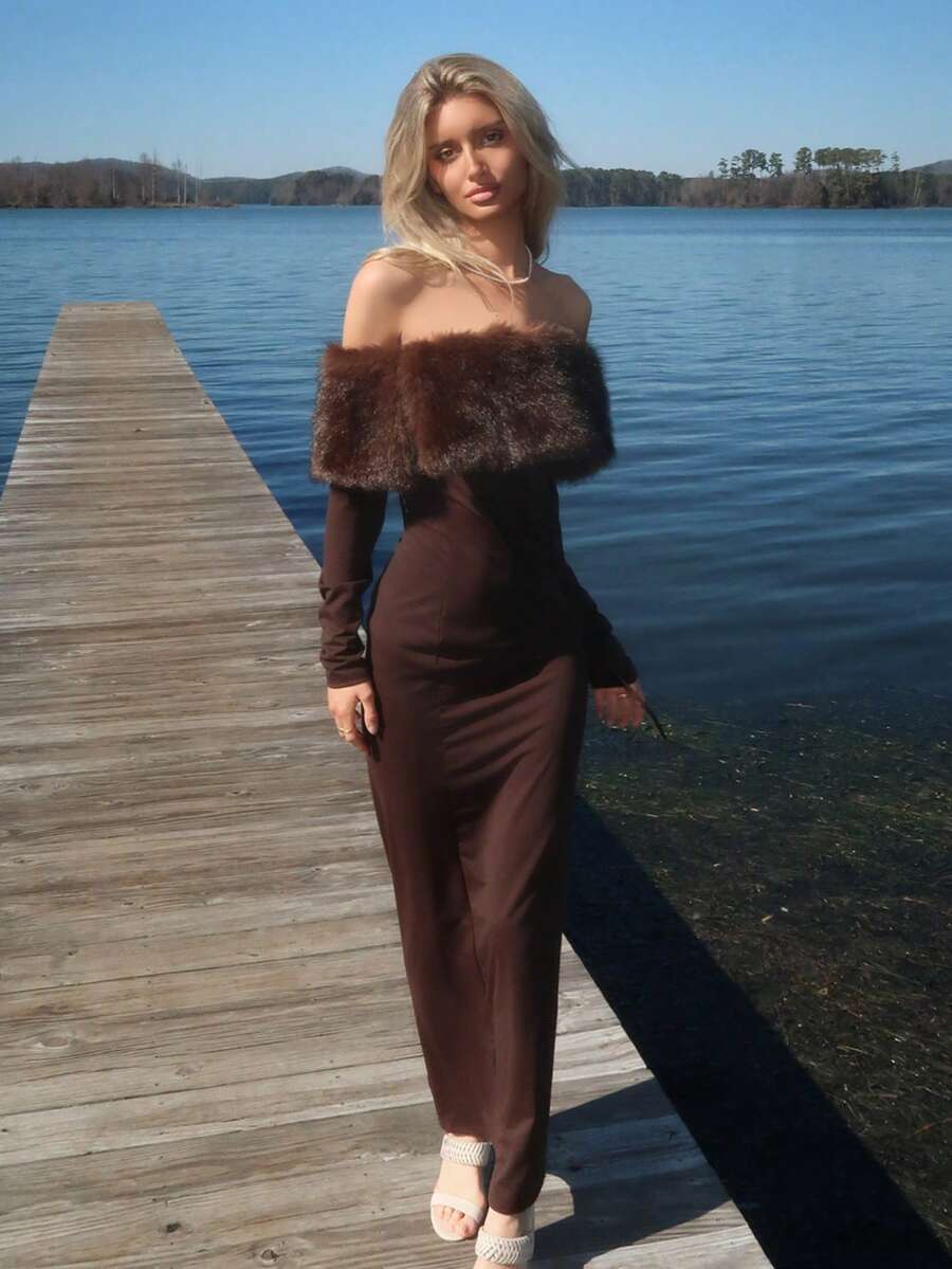 Sydney Algeri 女士毛绒露肩长袖修身优雅连衣裙 - 棕色 - 查看 1