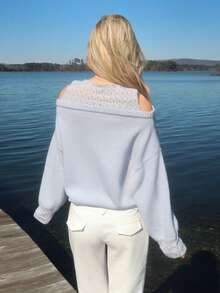 Sydney Algeri 女士宽松镂空落肩长袖休闲毛衣，秋季 - 藍色 - 查看 2