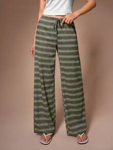 SHEIN 女士休闲条纹短袖半拉链领上衣和裤子家居服套装 - 白色 - 查看 6