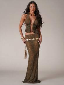 SHEIN BAE 女士蕾丝吊带露背上衣和迷你裙性感沙滩罩衫套装 - 綠色 - 查看 3