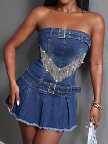 Slaydiva Women's Chain-Detail Outdoor Festival Vintage Wash Summer Tube Denim Dress - Blue - View 1