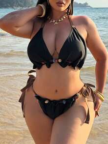 Swim SXY Plus Size Women's Sexy Bikini Set, Black Color With Pearl Beads And Ruffle Trim, Halter Neck Adjustable Tie, Suitable For Beach, Party And Vacation Bikinis Set For Women Bikinu Bikini Swimsuit Set Women's Swimsuit 2 Pieces Bathing Suit For Women Set - Black - View 6