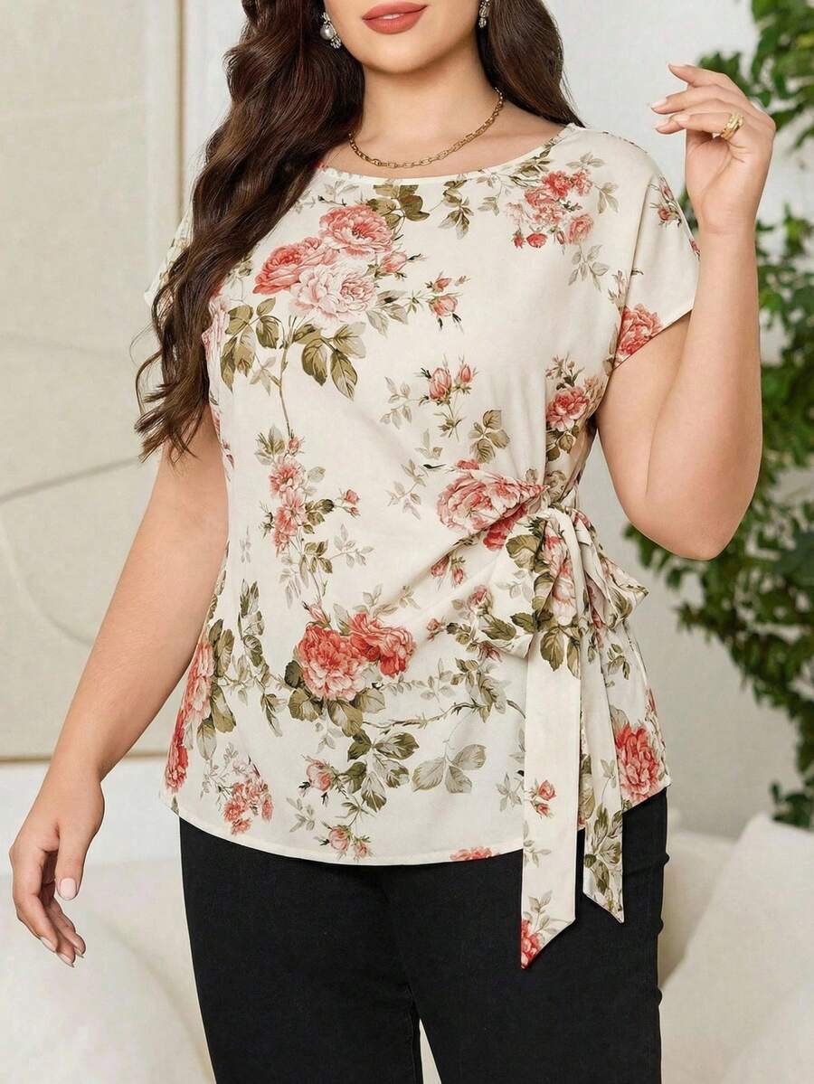 Reflora 大码女士优雅浪漫圆领短袖腰部褶皱蝴蝶结衬衫，优雅衬衫，夏季衬衫，度假衬衫，女士夏季服装，户外女装，浪漫夏季上衣，女士夏季服饰，沙滩，沙滩度假衬衫