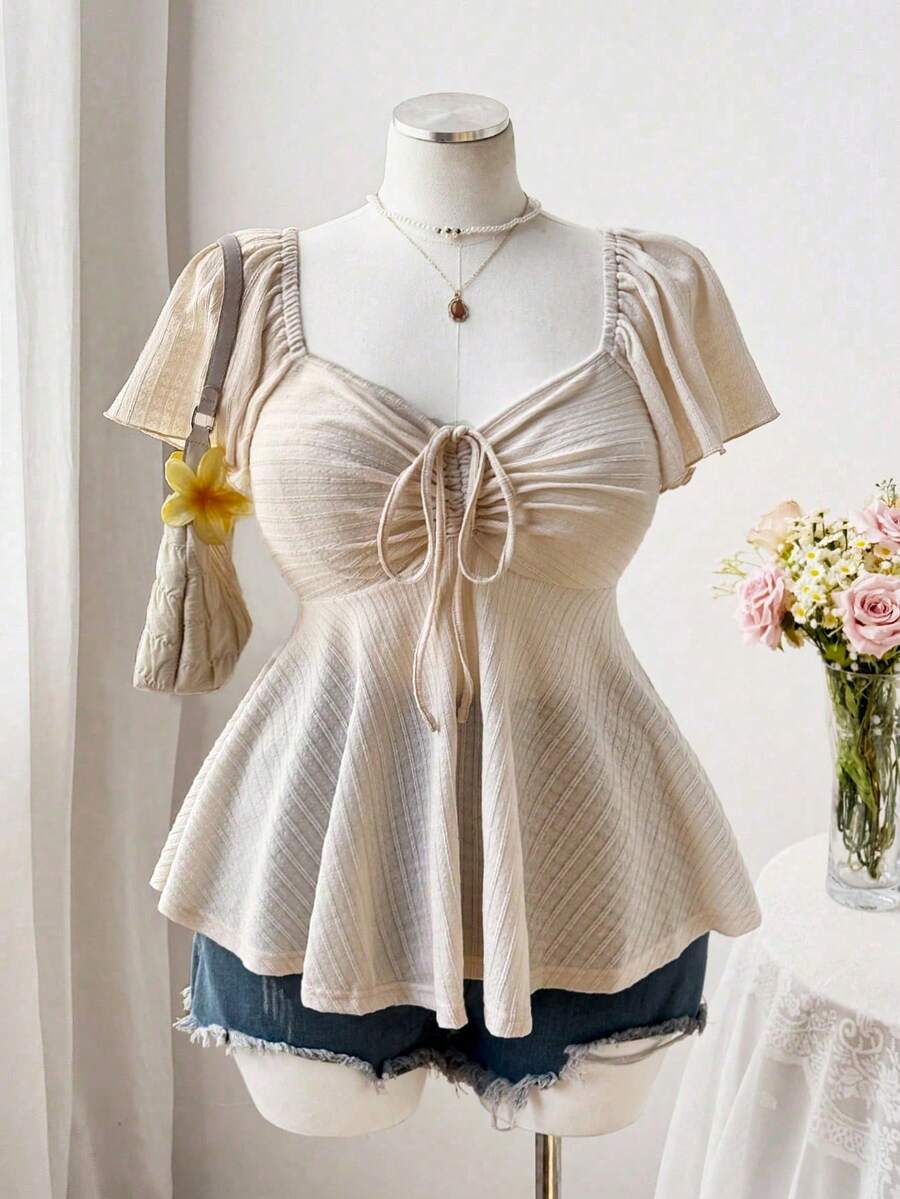 Sweetra Plus Size Square Neck Ruffle Sleeve Drawstring Bow Tie Waist A-Line Textured Vintage Elegant Cute Casual Tee Shirt For Women - Apricot - View 1