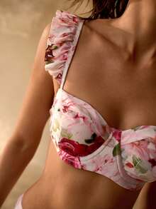 MOTF PREMIUM Bộ bikini nữ đi biển thanh lịch họa tiết hoa hồng, chi tiết bèo nhún, thích hợp cho kỳ nghỉ. - Nhiều màu - Xem 2