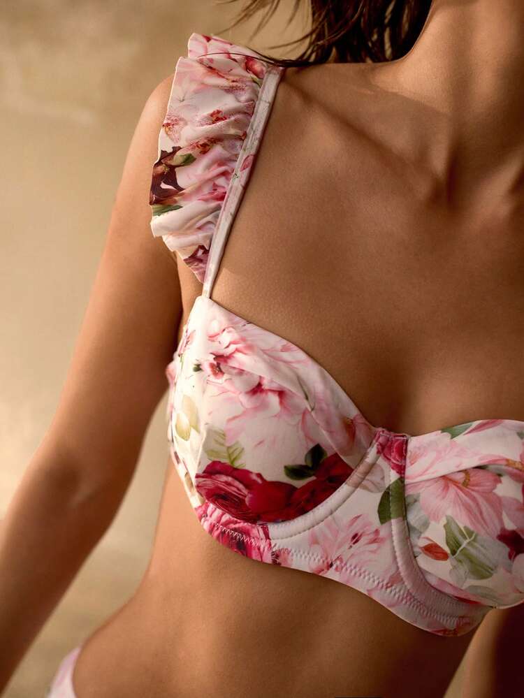 FLORAL ROMANTIC PRINT RUFFLE DETAIL WOMEN'S BEACH VACATION ELEGANT ROSE FLOWER BIKINI SWIMWEAR SET
